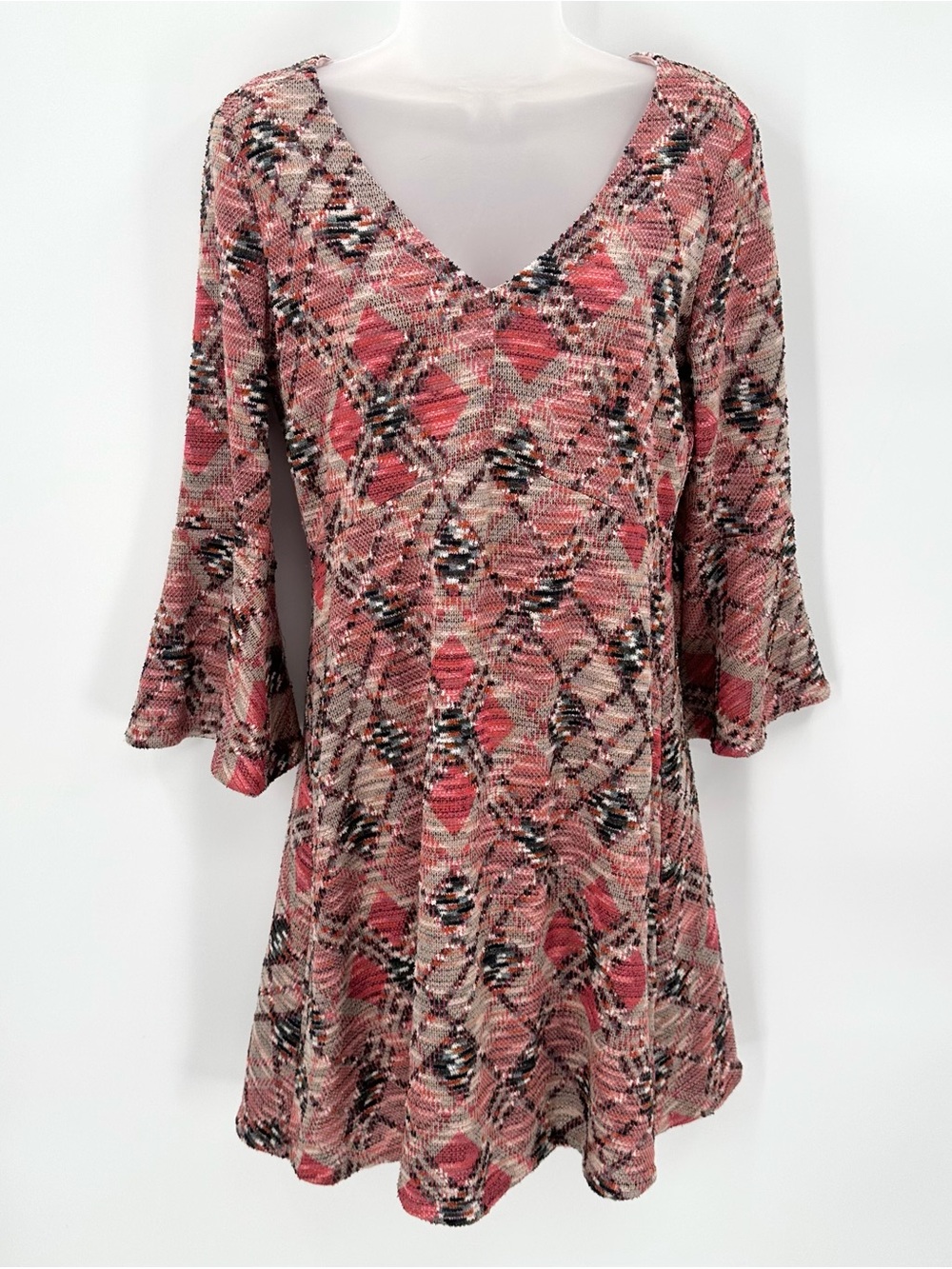 Maeve Anthropologie Dress Womens S Pink Geometric Knit Erina Bell Sleeve Swing